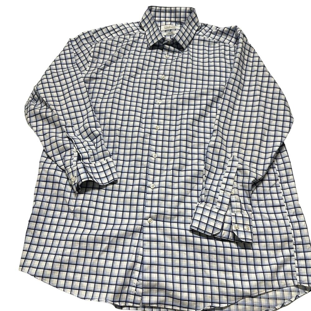 Michael Strahan Dress Shirt Men Size 18 Blue White Plaid Wrinkle Free Stretch